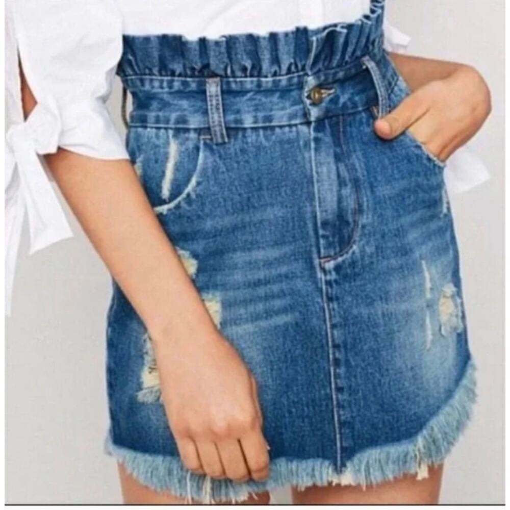 Hayden Blue Distressed Denim Paperbag Waist Mini Skirt